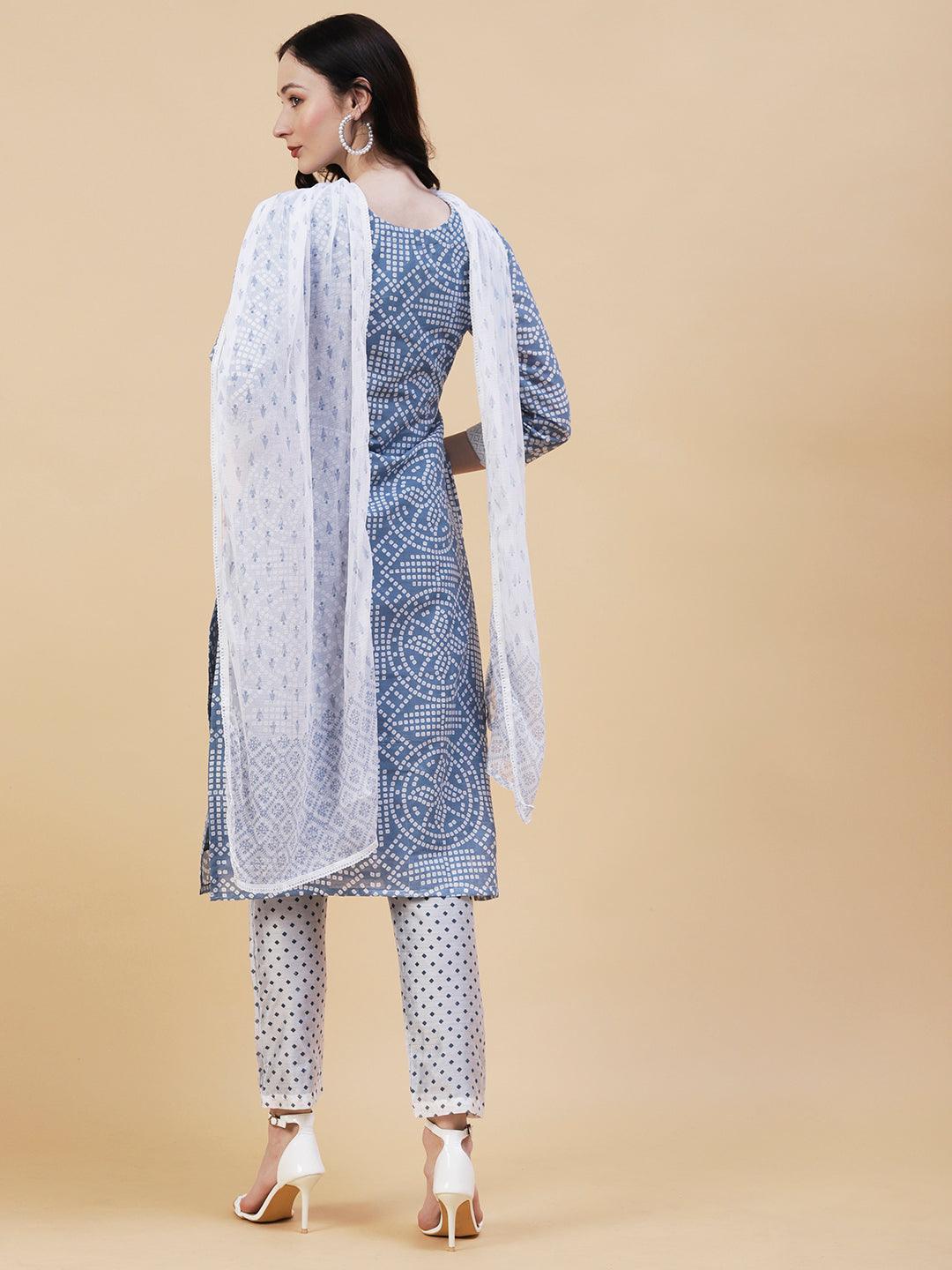 Geometric Printed Resham Embroidered Kurta With Pants & Dupatta - Blue - Indiakreations