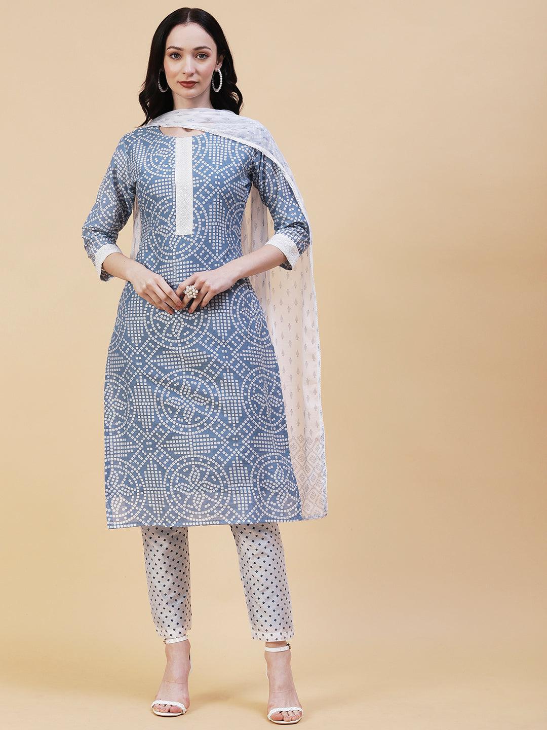 Geometric Printed Resham Embroidered Kurta With Pants & Dupatta - Blue - Indiakreations