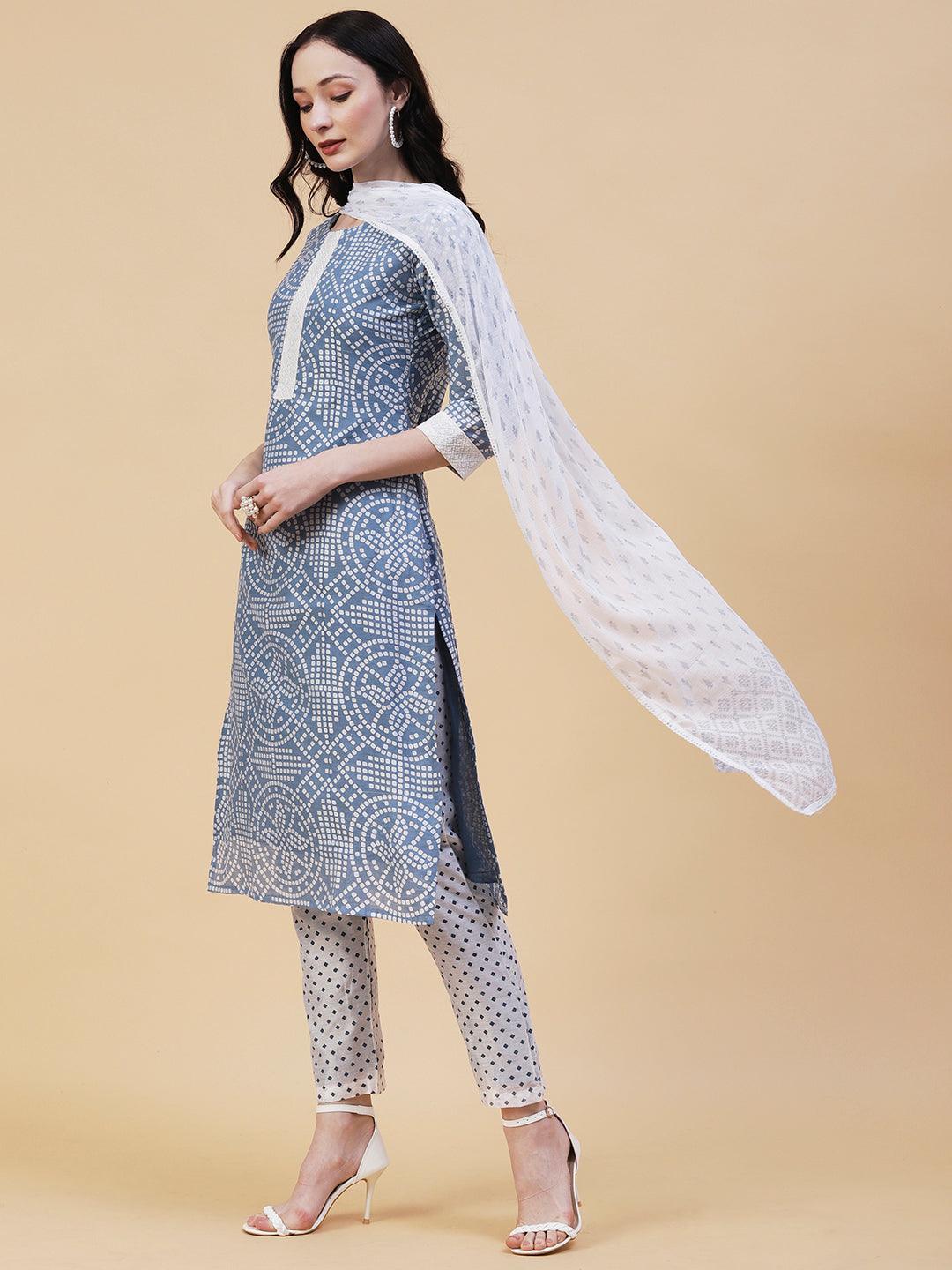 Geometric Printed Resham Embroidered Kurta With Pants & Dupatta - Blue - Indiakreations