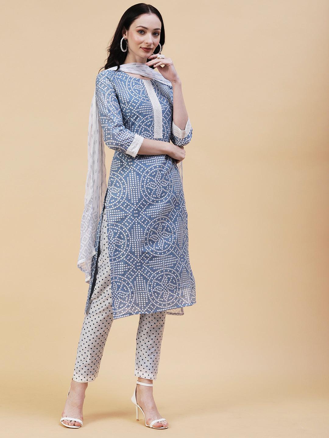 Geometric Printed Resham Embroidered Kurta With Pants & Dupatta - Blue - Indiakreations