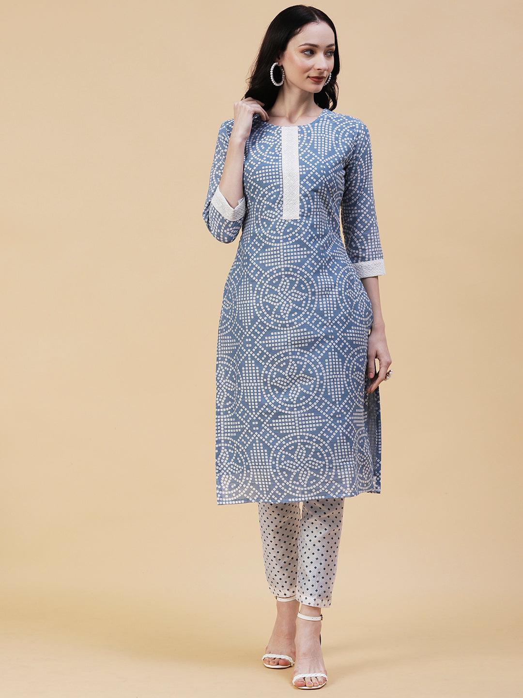 Geometric Printed Resham Embroidered Kurta With Pants & Dupatta - Blue - Indiakreations