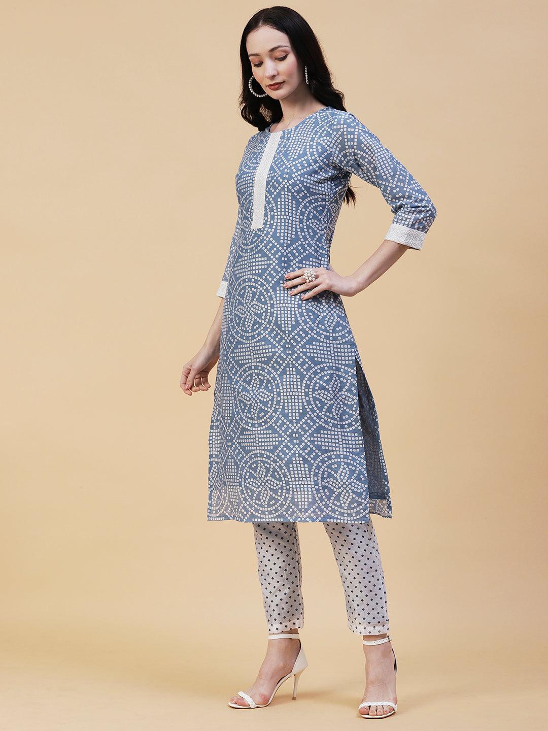 Geometric Printed Resham Embroidered Kurta With Pants & Dupatta - Blue - Indiakreations