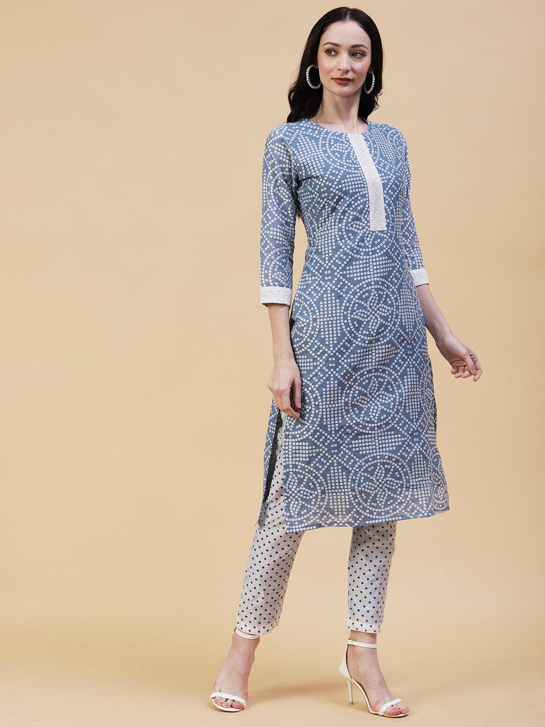 Geometric Printed Resham Embroidered Kurta With Pants & Dupatta - Blue - Indiakreations