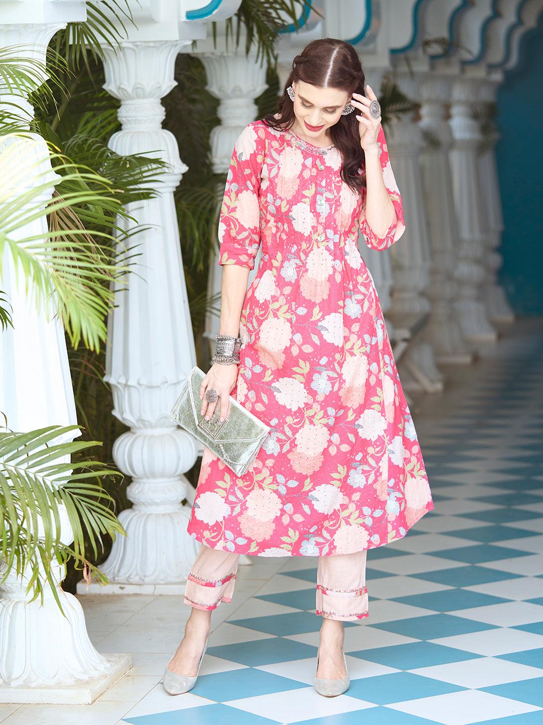 Floral Printed Resham & Sequins Embroidered Schiffili Kurta With Pants - Pink - Indiakreations