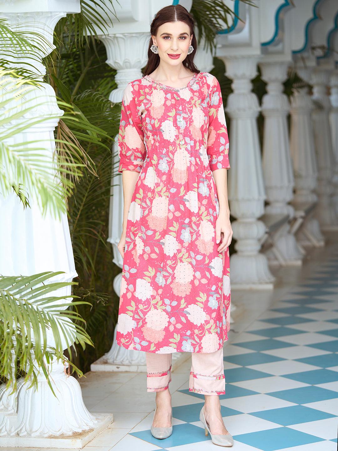 Floral Printed Resham & Sequins Embroidered Schiffili Kurta With Pants - Pink - Indiakreations