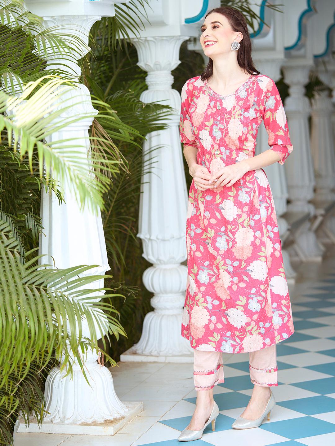 Floral Printed Resham & Sequins Embroidered Schiffili Kurta With Pants - Pink - Indiakreations