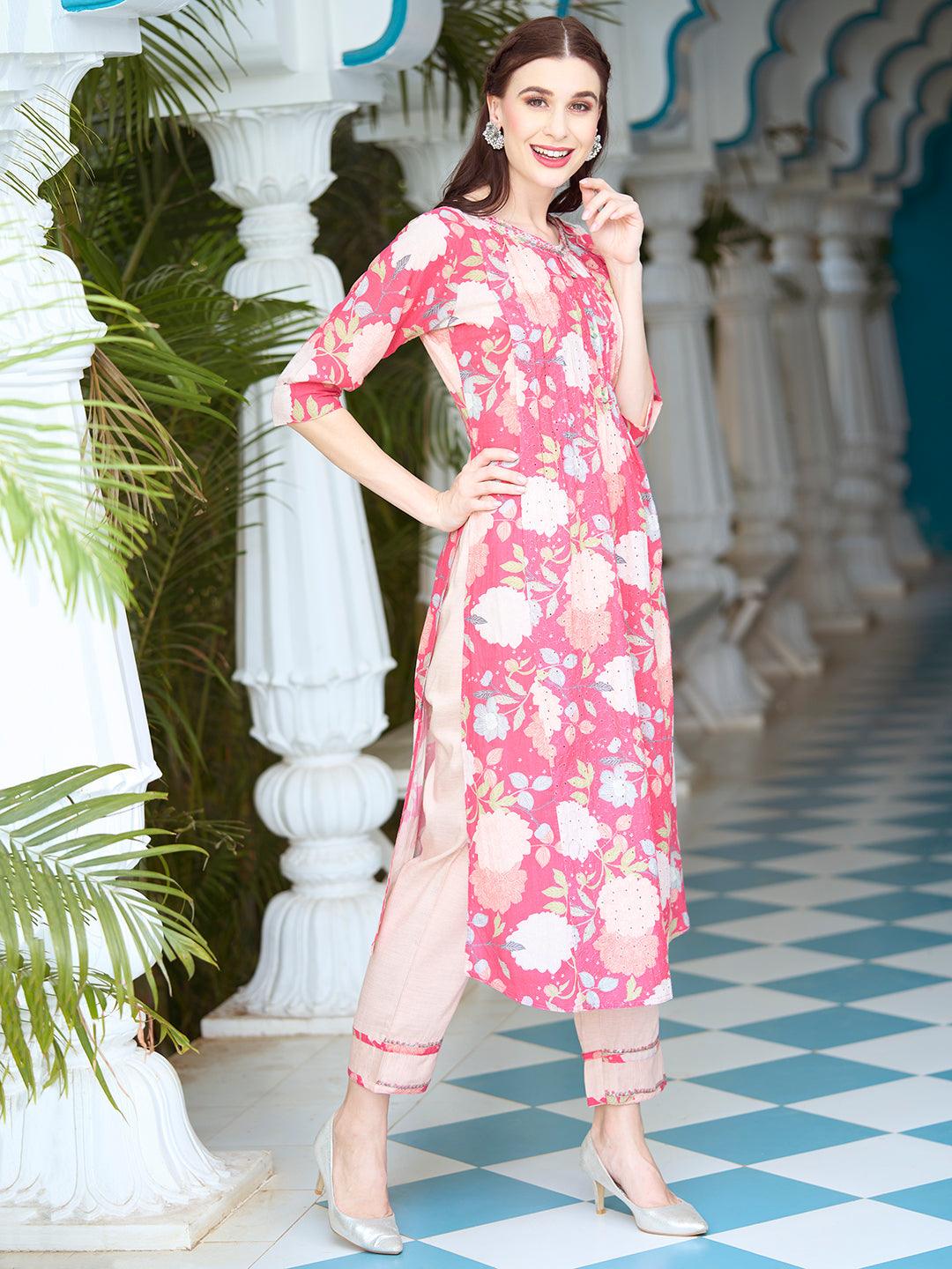 Floral Printed Resham & Sequins Embroidered Schiffili Kurta With Pants - Pink - Indiakreations