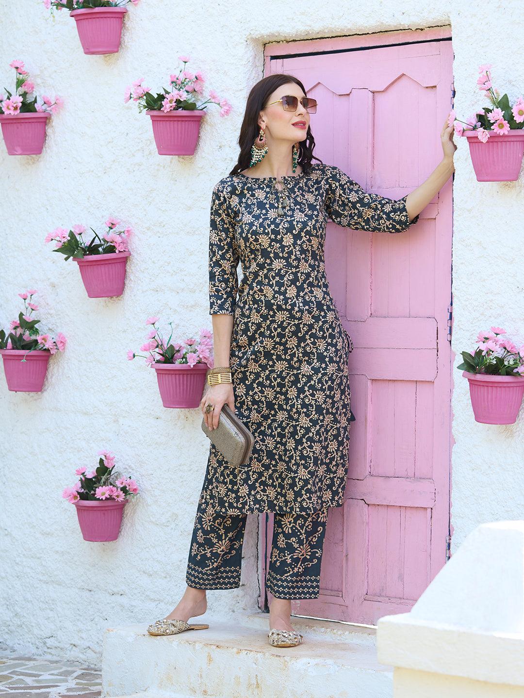 Floral Printed Mirror Embroidered Kurta With Floral Pants - Charcoal - Indiakreations