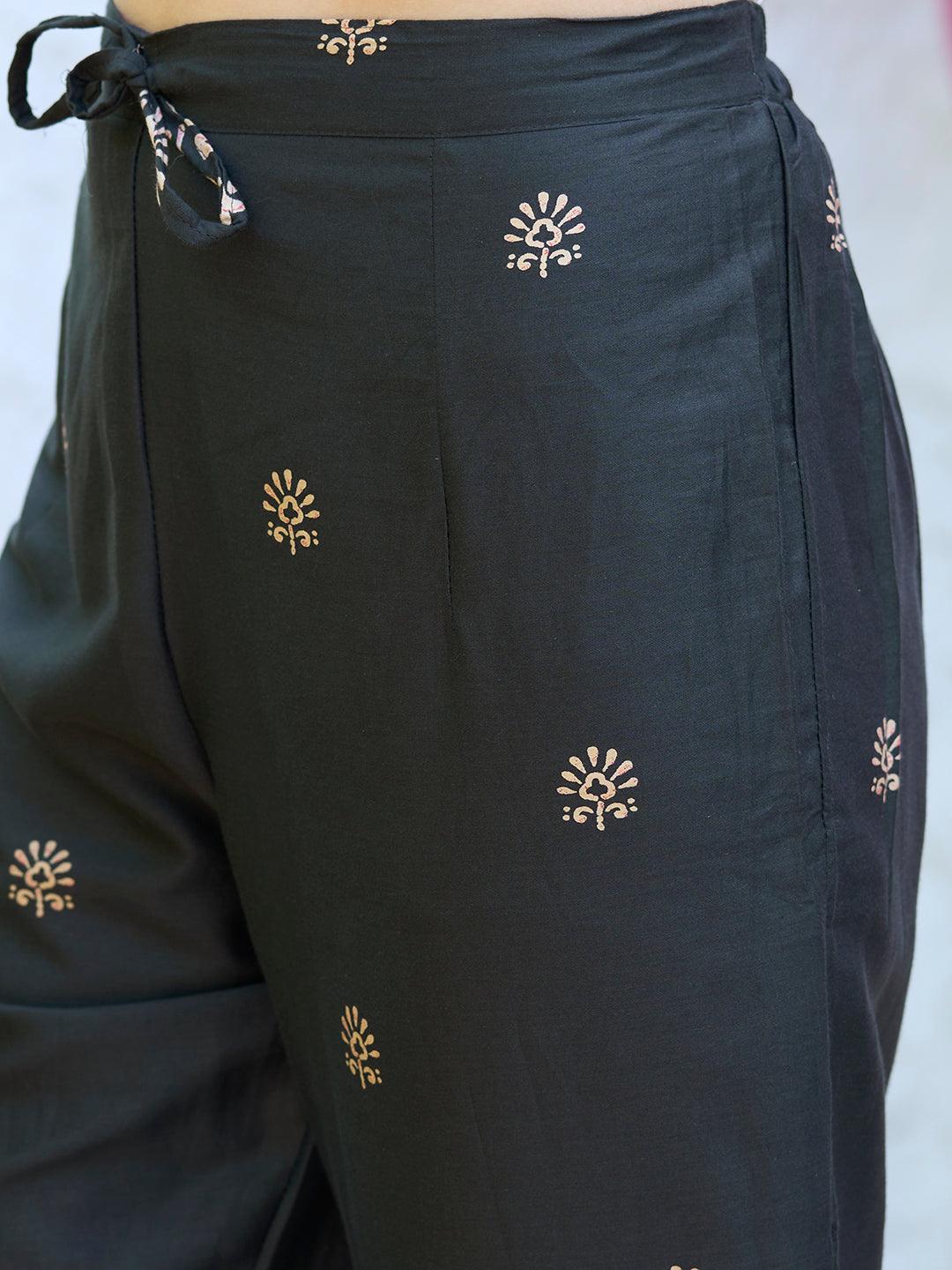 Floral Printed Mirror Embroidered Kurta With Floral Pants - Charcoal - Indiakreations