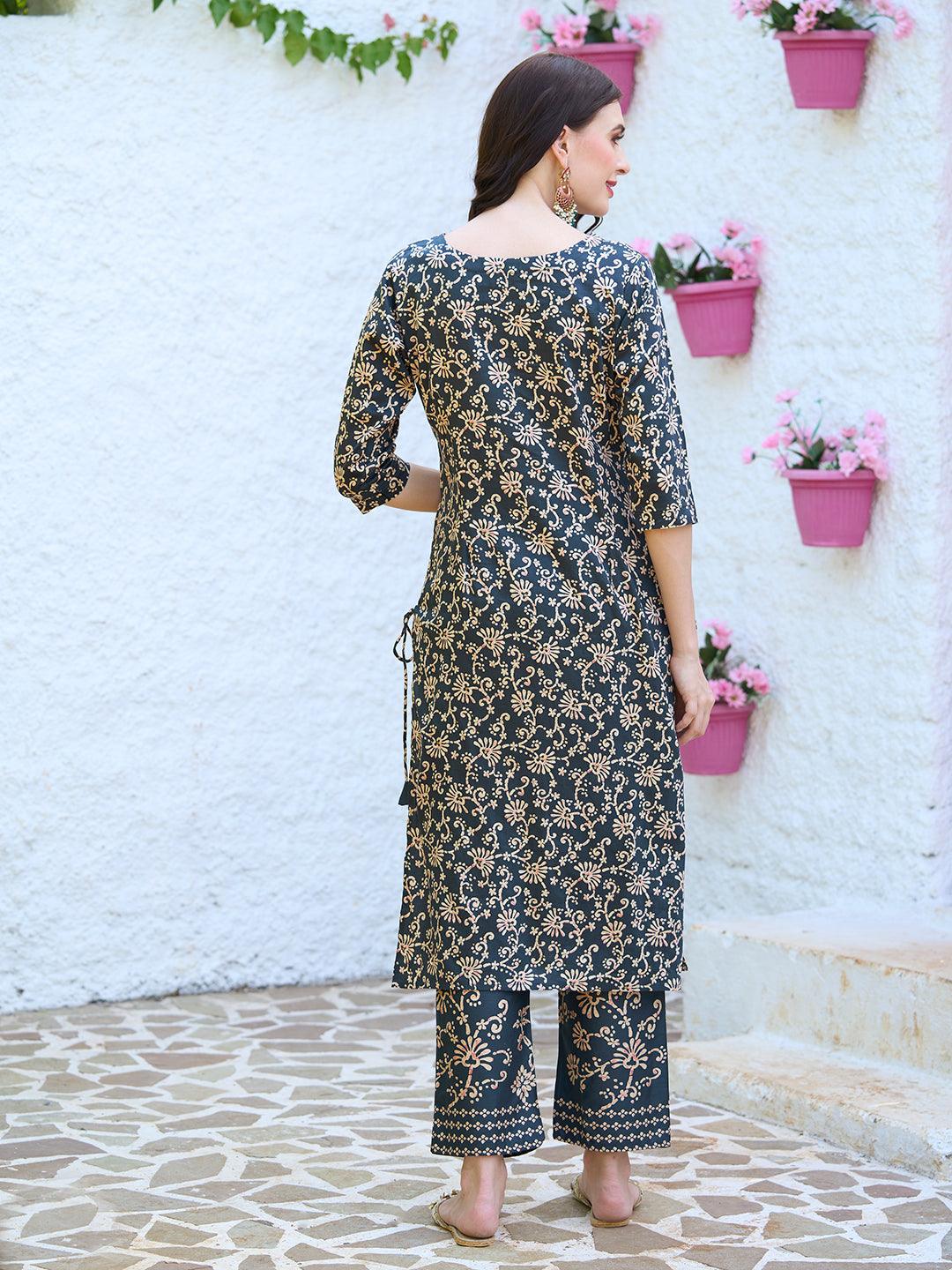 Floral Printed Mirror Embroidered Kurta With Floral Pants - Charcoal - Indiakreations