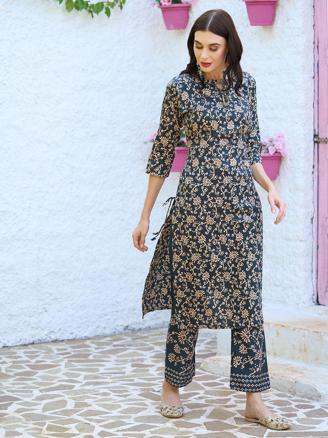 Floral Printed Mirror Embroidered Kurta With Floral Pants - Charcoal - Indiakreations