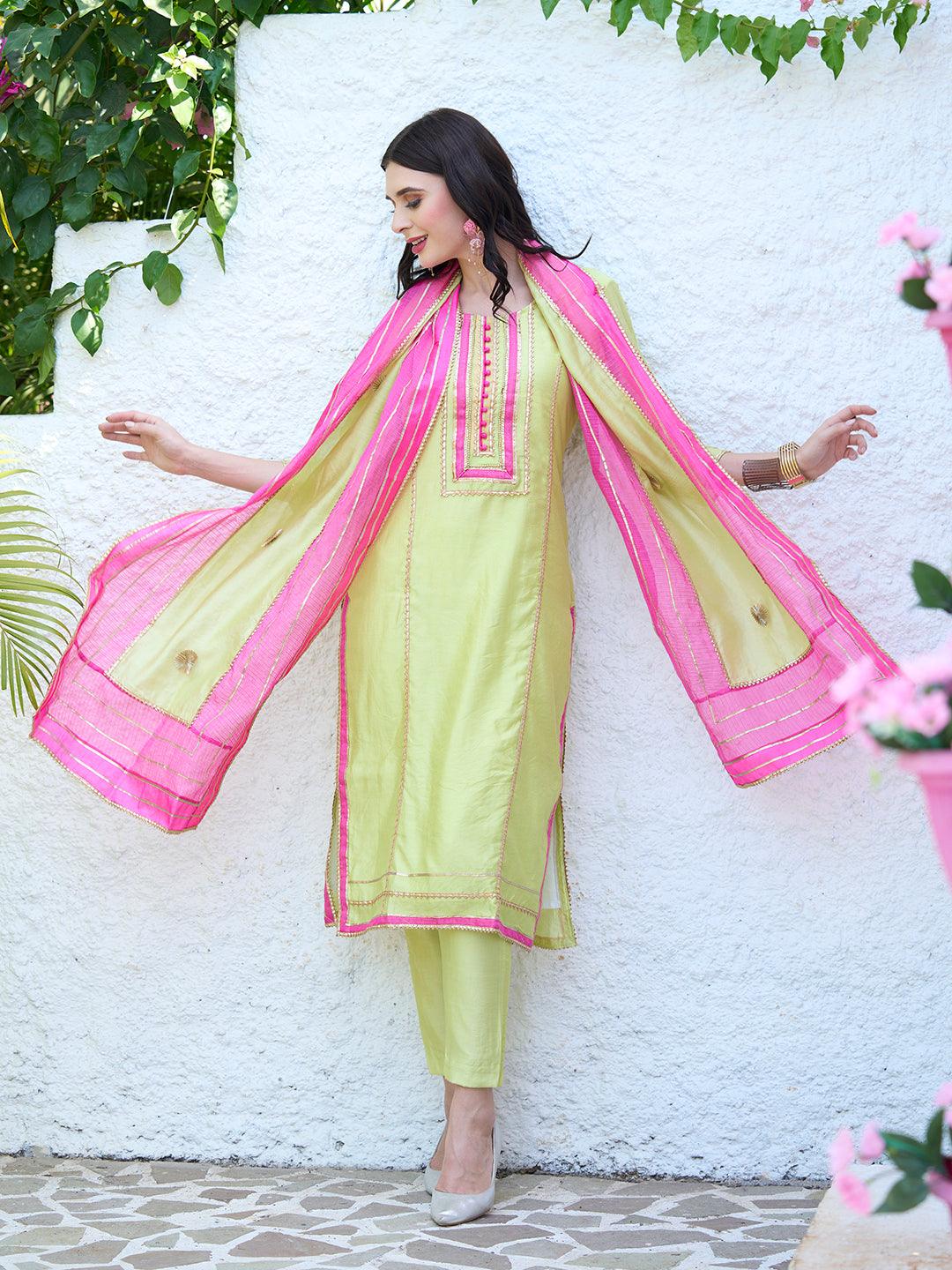 Gota Embroidered Kurta and Pant with Dupatta - Lime Green - Indiakreations