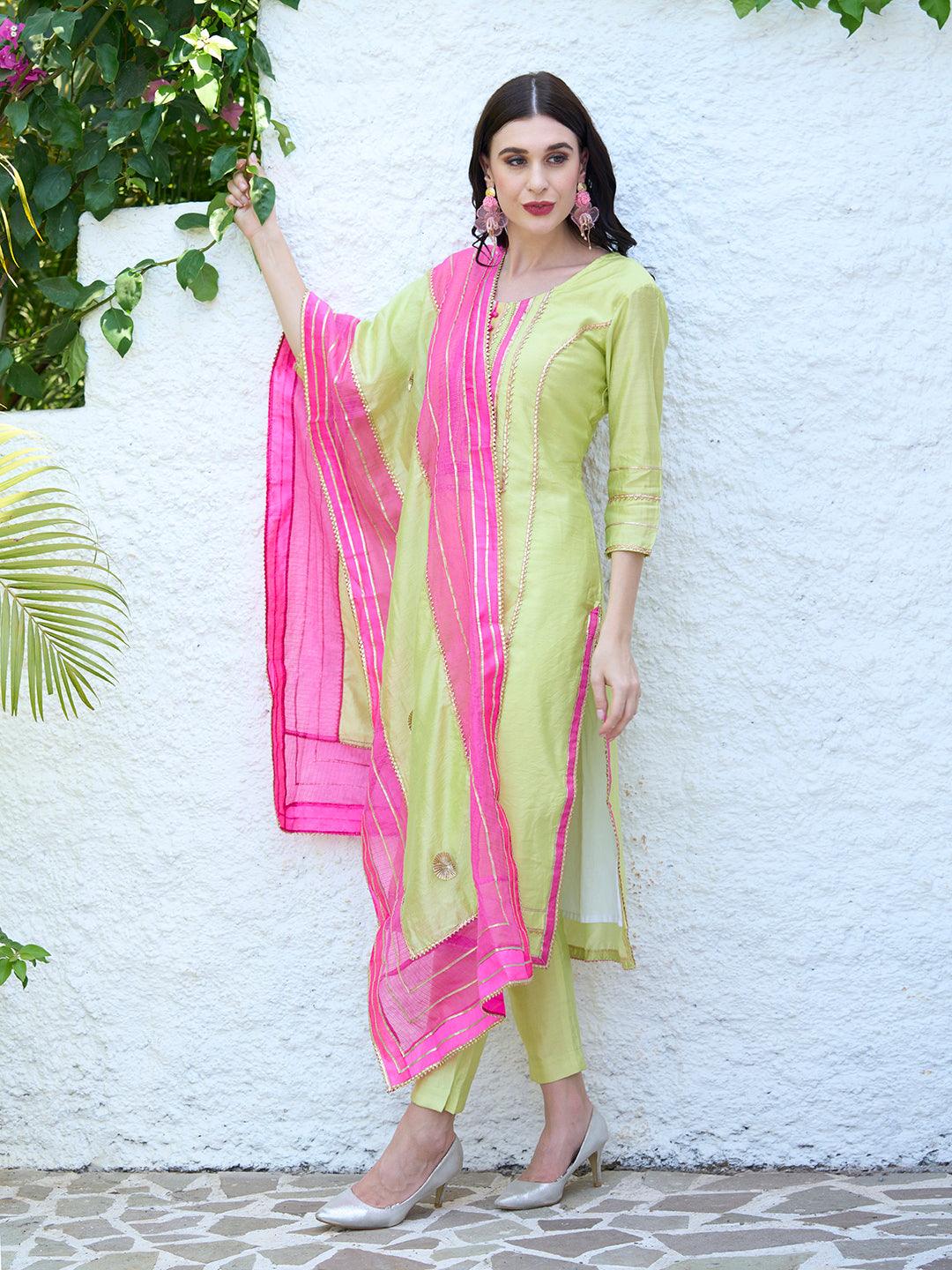 Gota Embroidered Kurta and Pant with Dupatta - Lime Green - Indiakreations