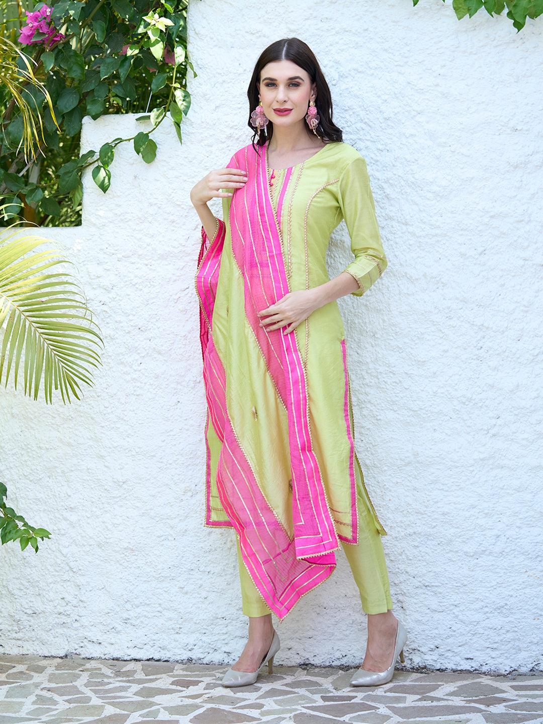 Gota Embroidered Kurta and Pant with Dupatta - Lime Green - Indiakreations