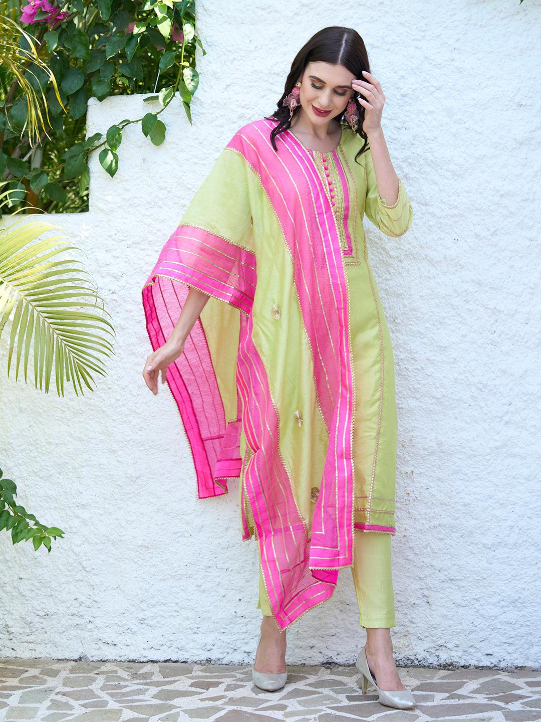 Gota Embroidered Kurta and Pant with Dupatta - Lime Green - Indiakreations