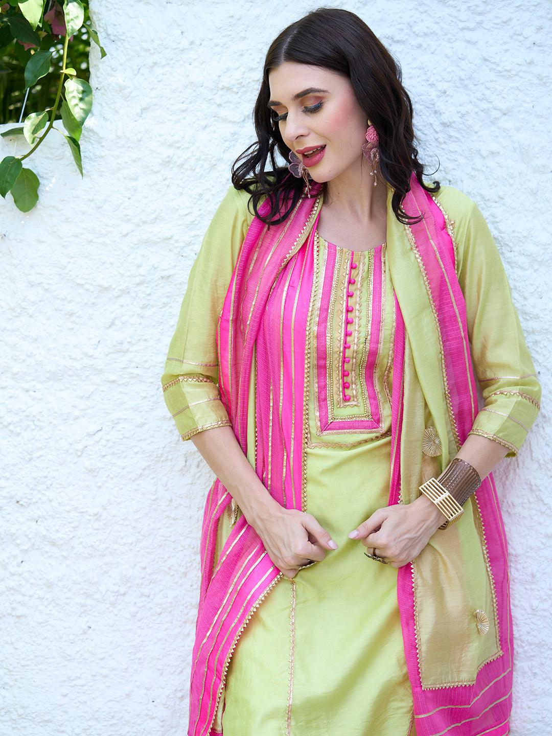 Gota Embroidered Kurta and Pant with Dupatta - Lime Green - Indiakreations