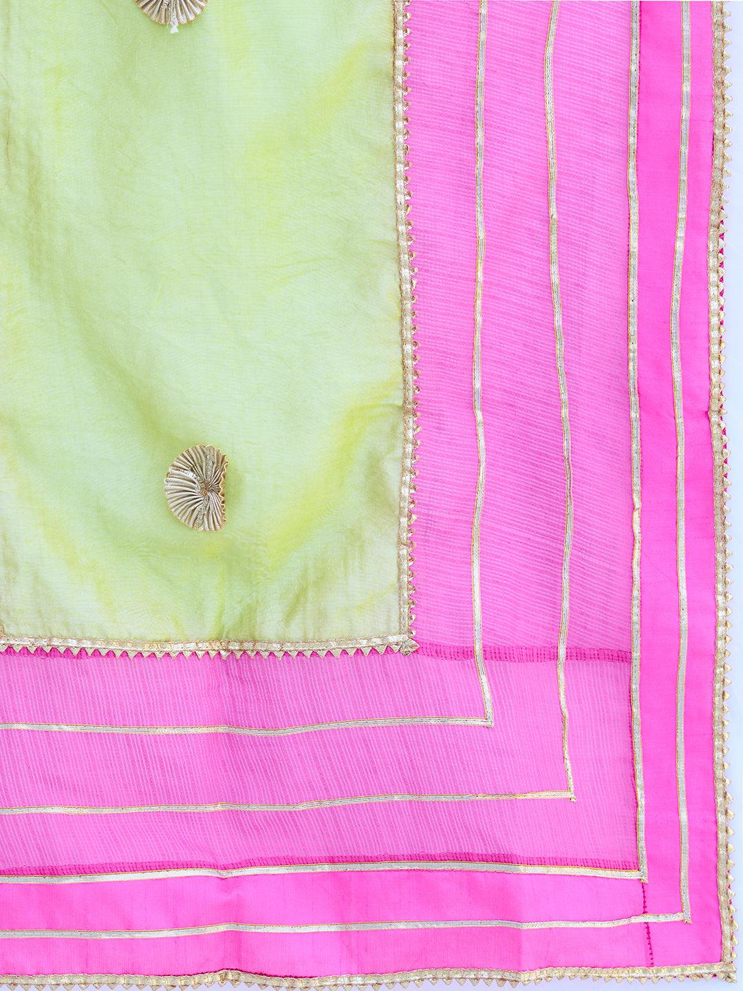 Gota Embroidered Kurta and Pant with Dupatta - Lime Green - Indiakreations