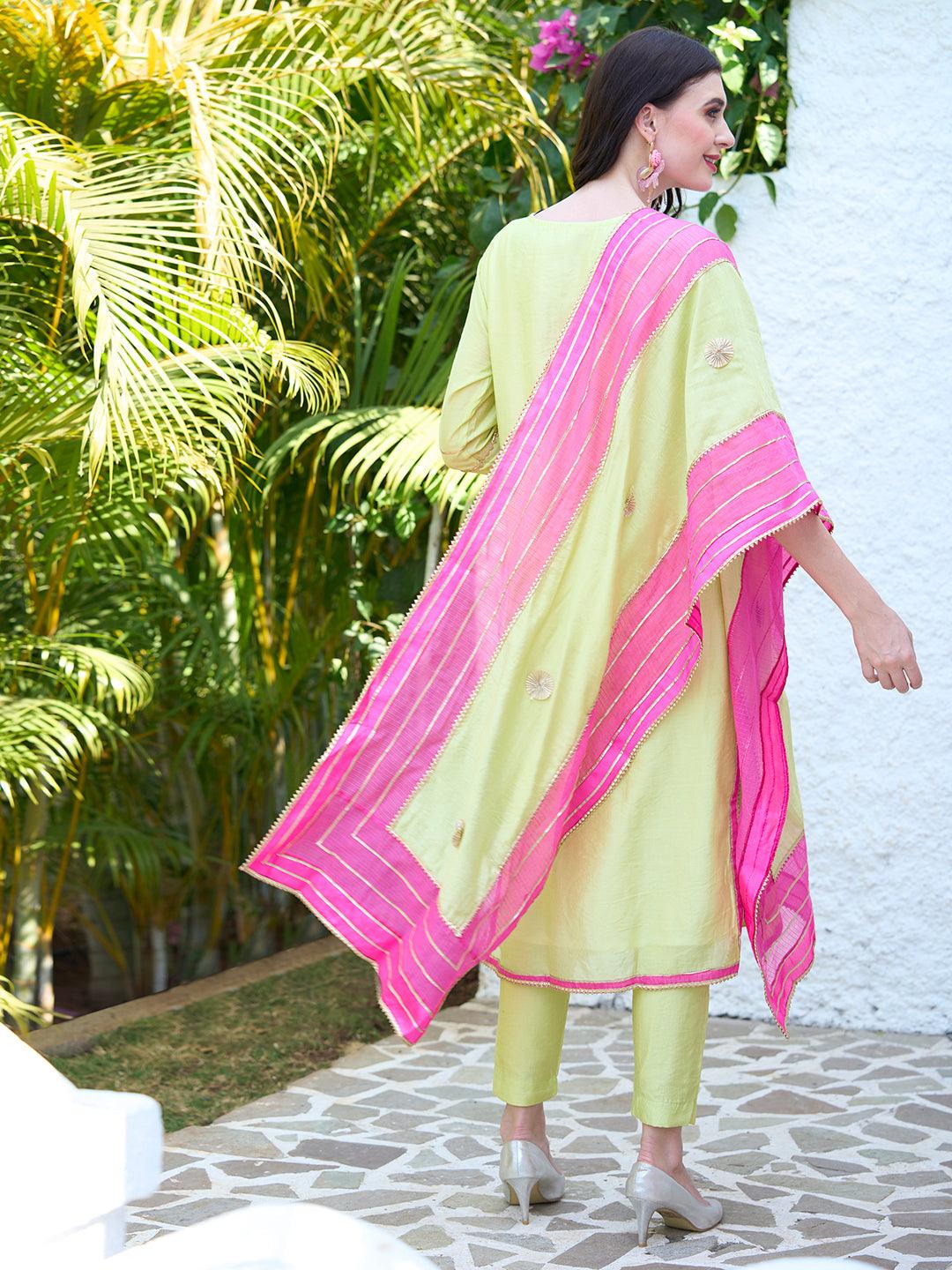 Gota Embroidered Kurta and Pant with Dupatta - Lime Green - Indiakreations