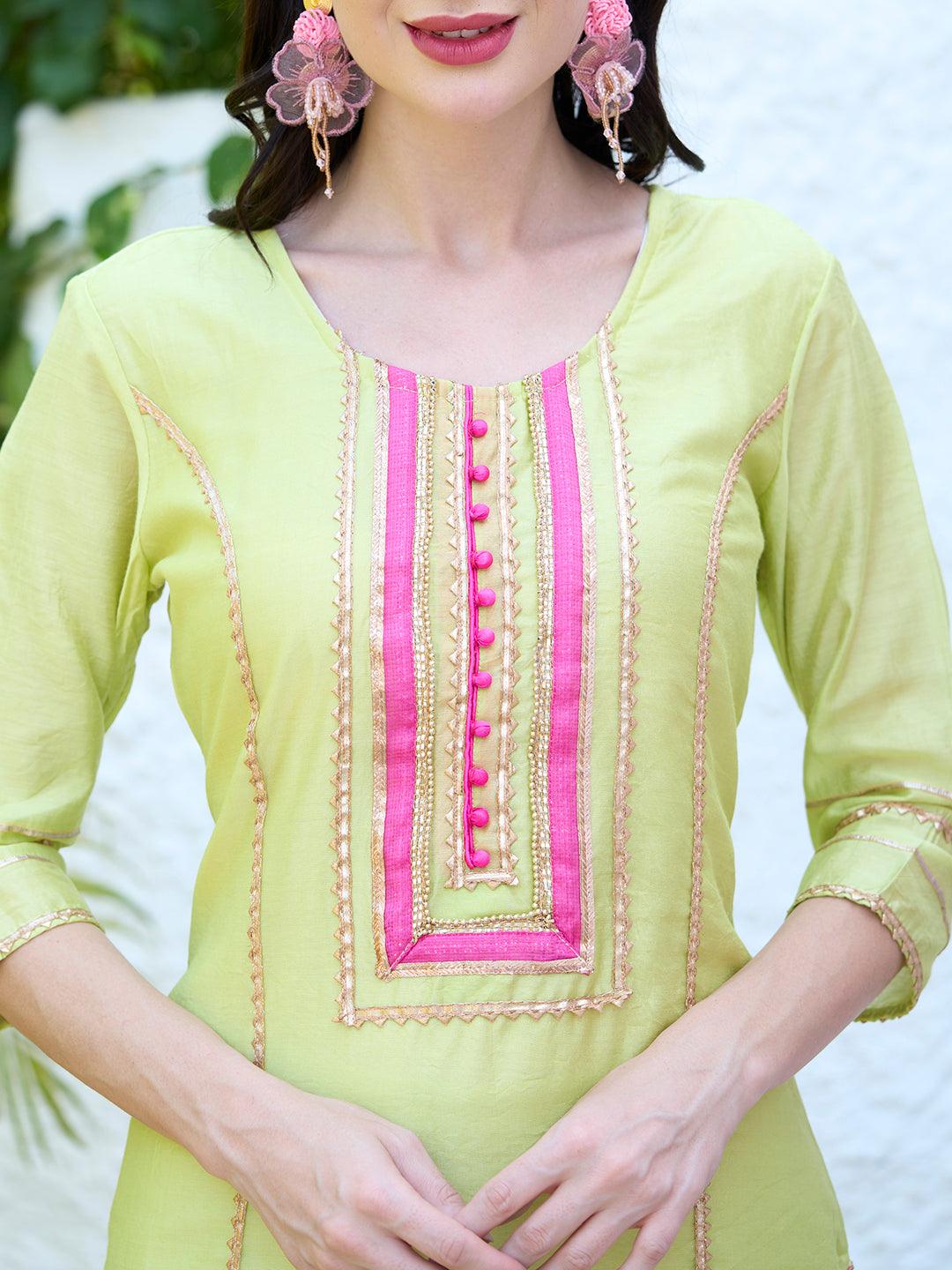 Gota Embroidered Kurta and Pant with Dupatta - Lime Green - Indiakreations