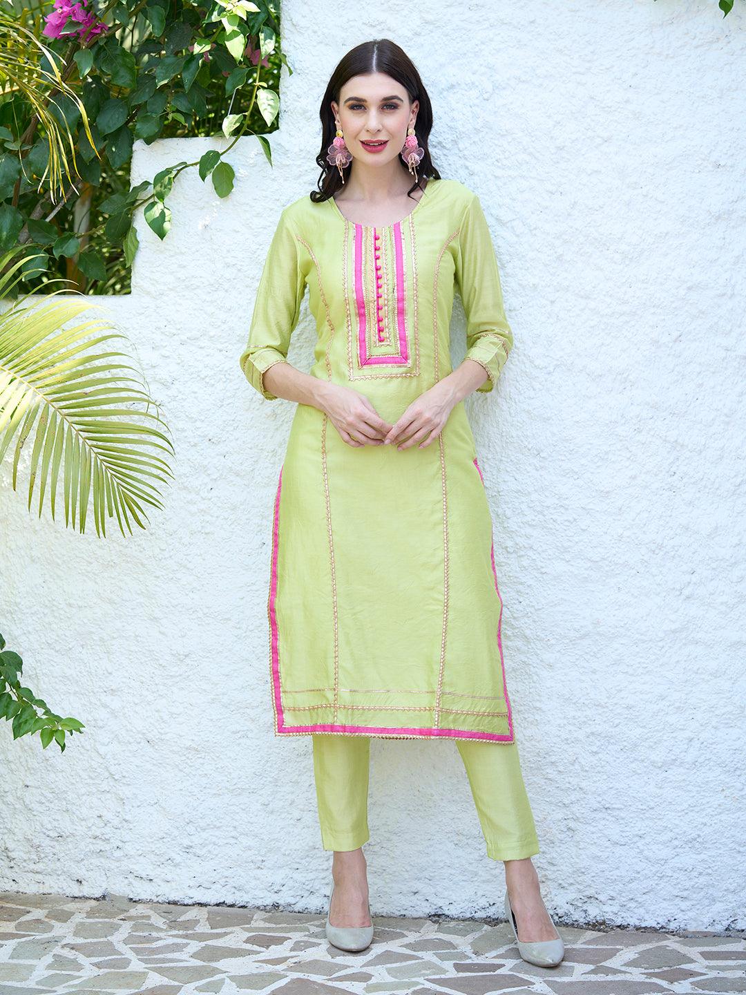 Gota Embroidered Kurta and Pant with Dupatta - Lime Green - Indiakreations