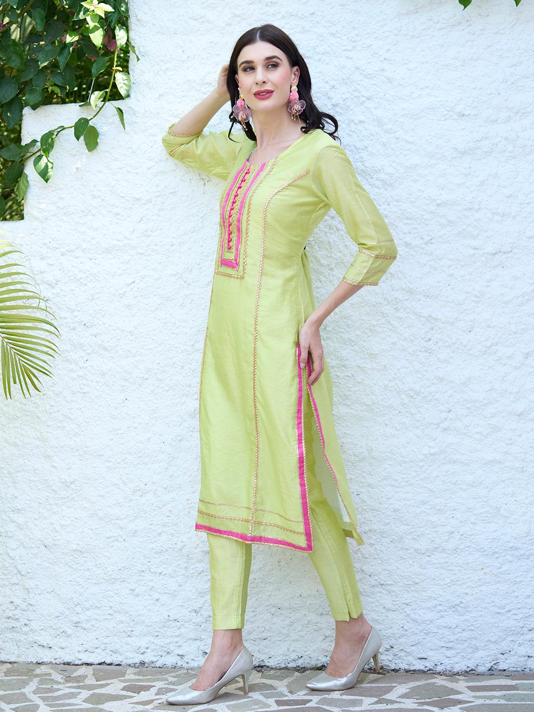 Gota Embroidered Kurta and Pant with Dupatta - Lime Green - Indiakreations