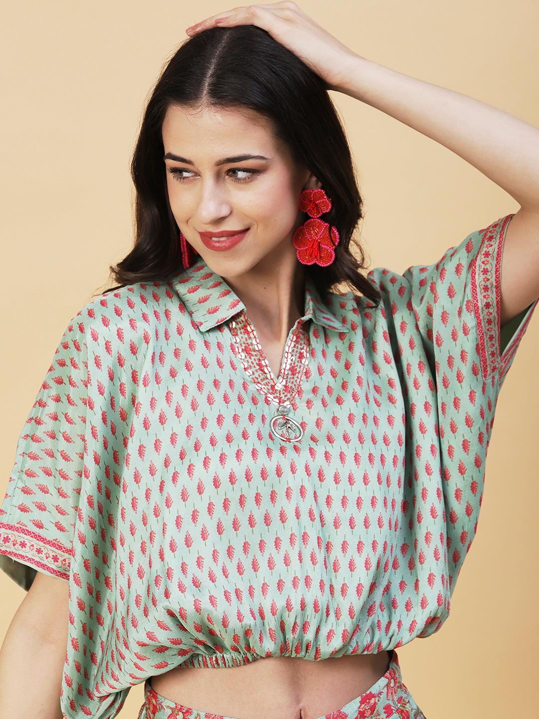 Ethnic Floral Printed Kaftan Crop Top with Palazzo - Green - Indiakreations