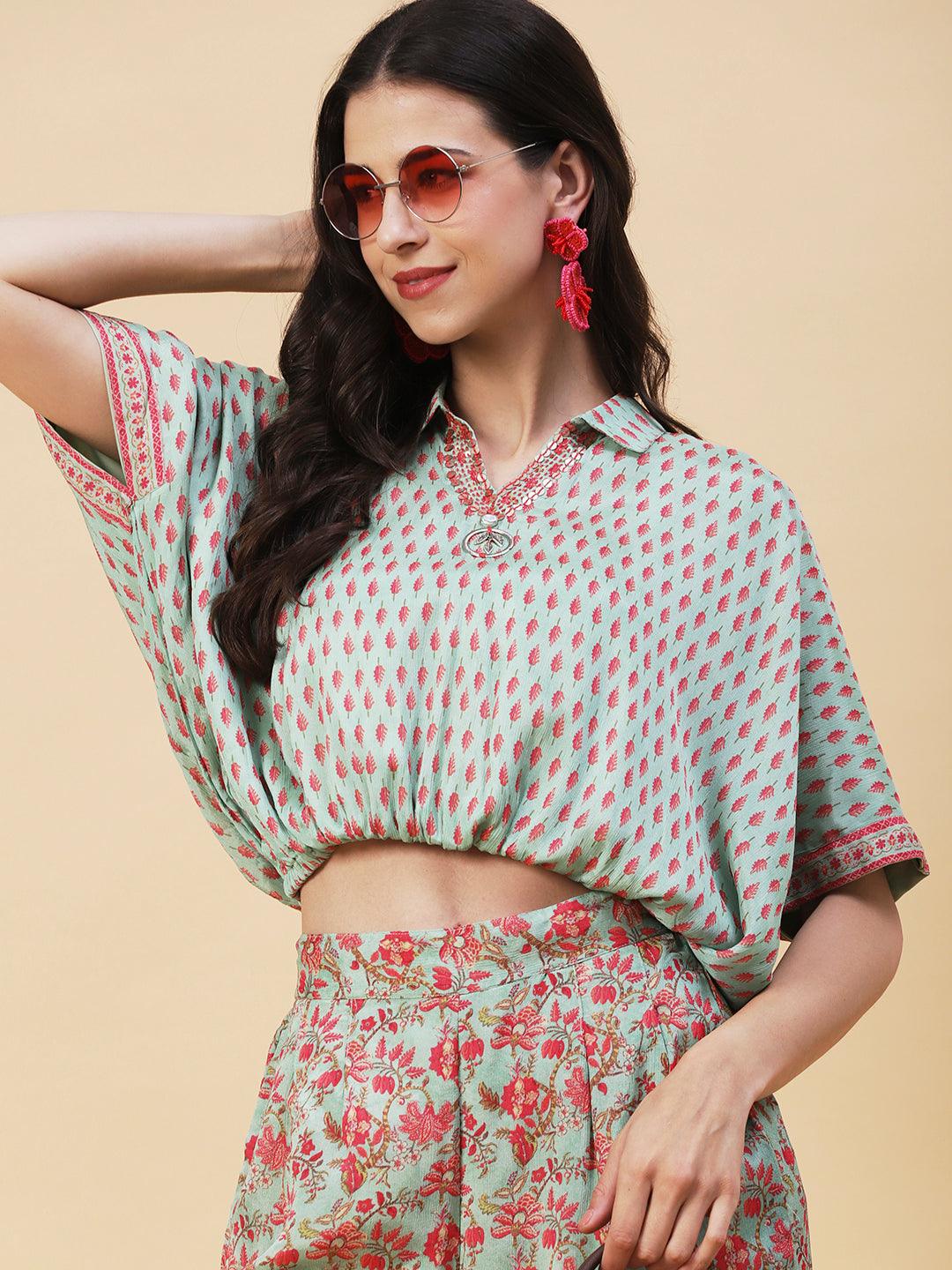 Ethnic Floral Printed Kaftan Crop Top with Palazzo - Green - Indiakreations