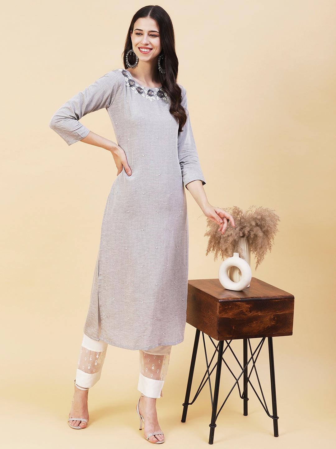 Floral Hand Embroidered Straight Fit Kurta - Grey - Indiakreations