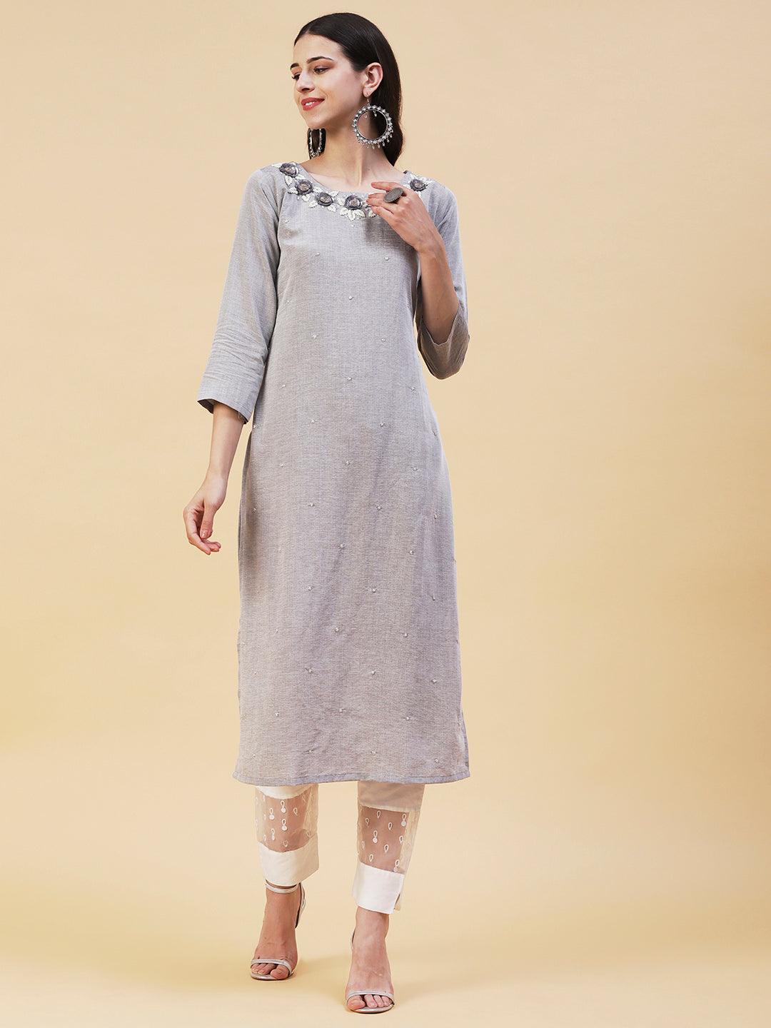 Floral Hand Embroidered Straight Fit Kurta - Grey - Indiakreations