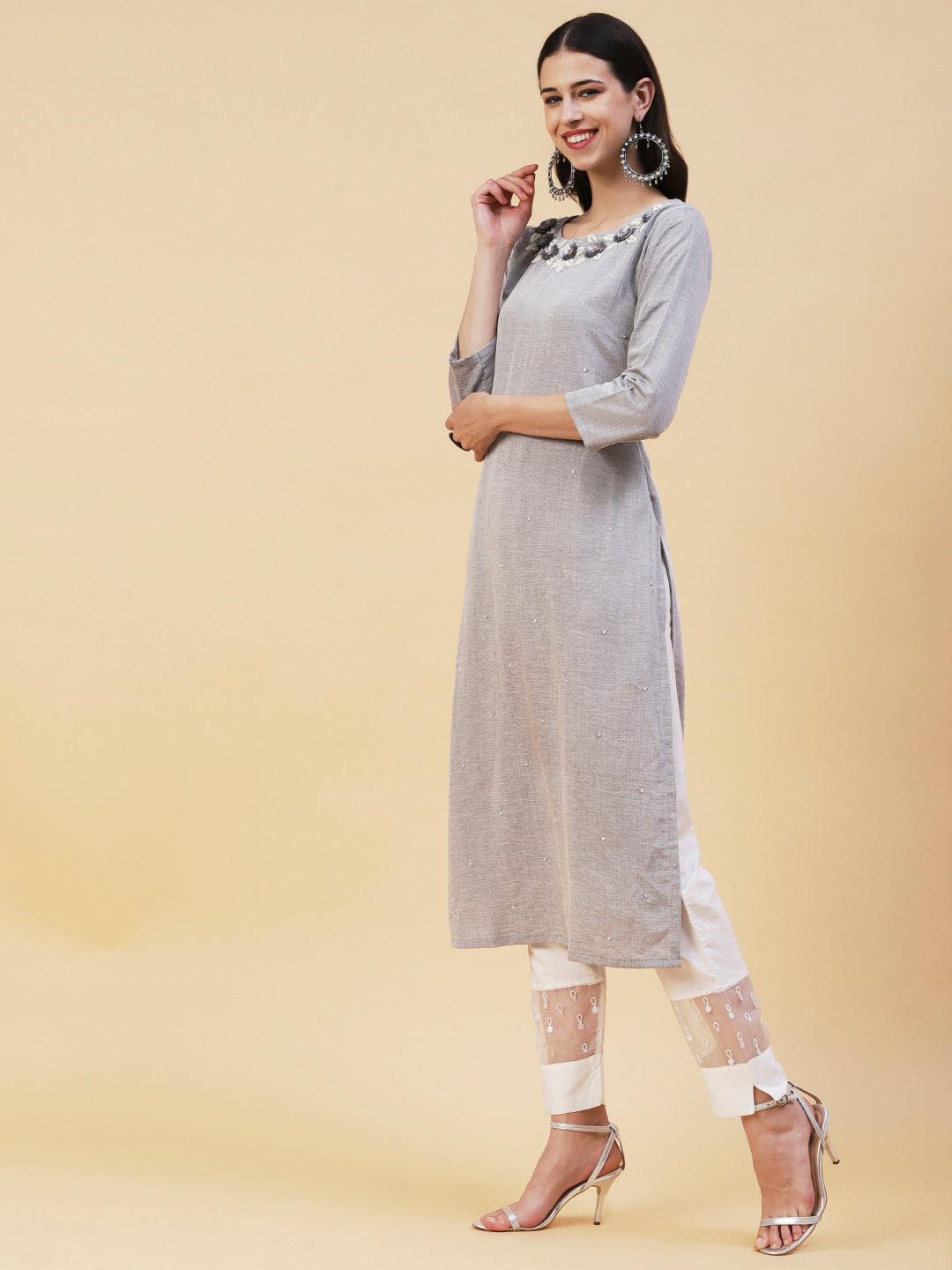 Floral Hand Embroidered Straight Fit Kurta - Grey - Indiakreations