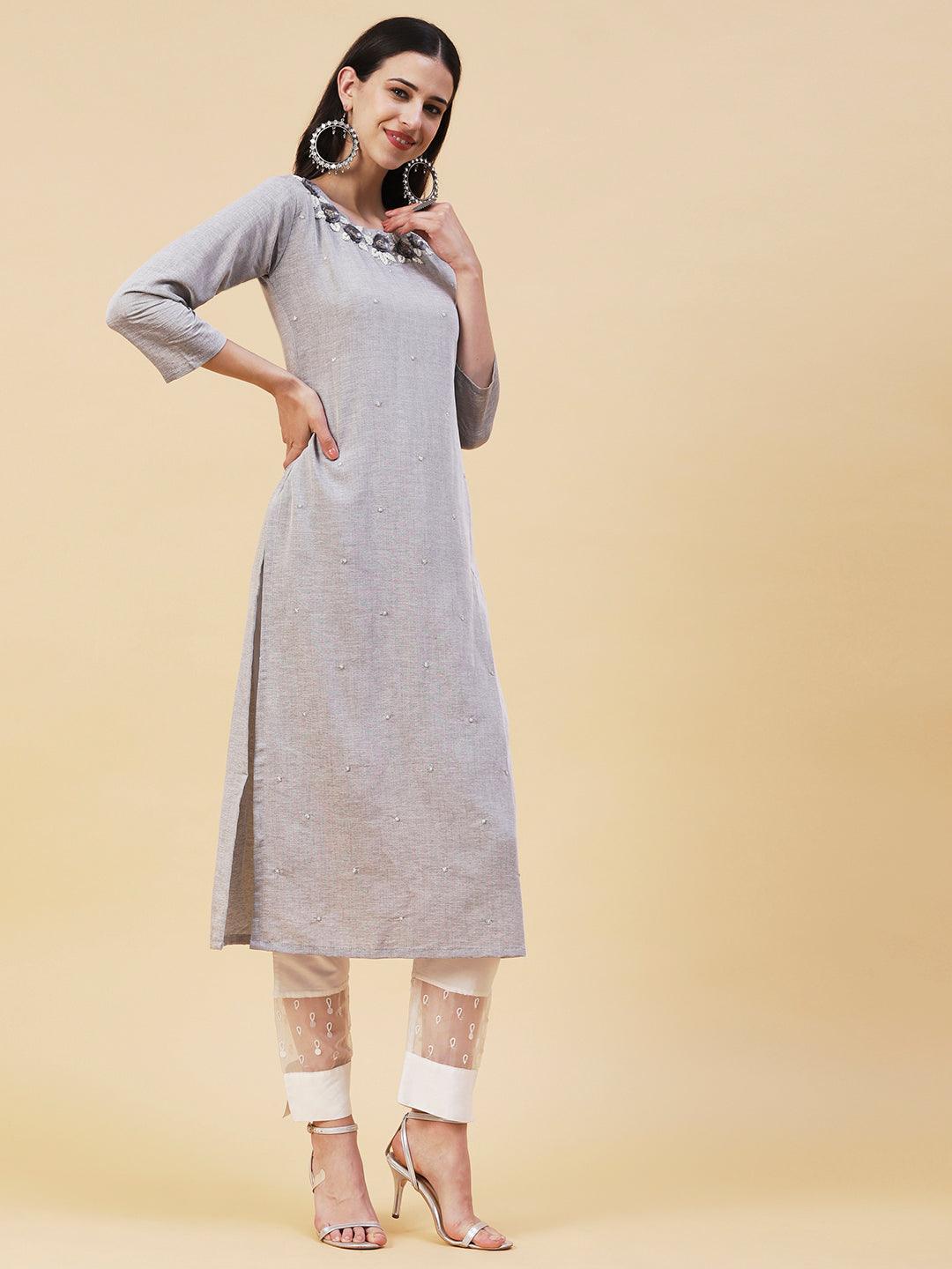 Floral Hand Embroidered Straight Fit Kurta - Grey - Indiakreations