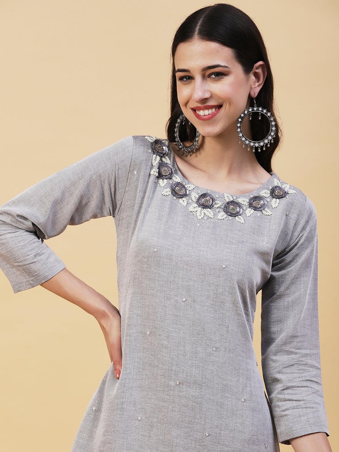 Floral Hand Embroidered Straight Fit Kurta - Grey - Indiakreations