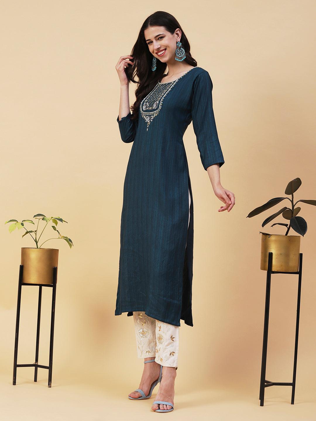 Solid Ethnic Hand Embroidered Straight Fit Kurta - Green - Indiakreations