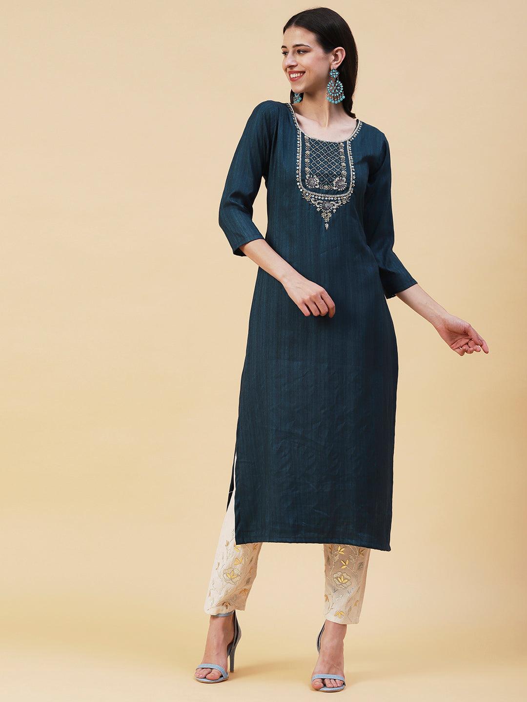 Solid Ethnic Hand Embroidered Straight Fit Kurta - Green - Indiakreations