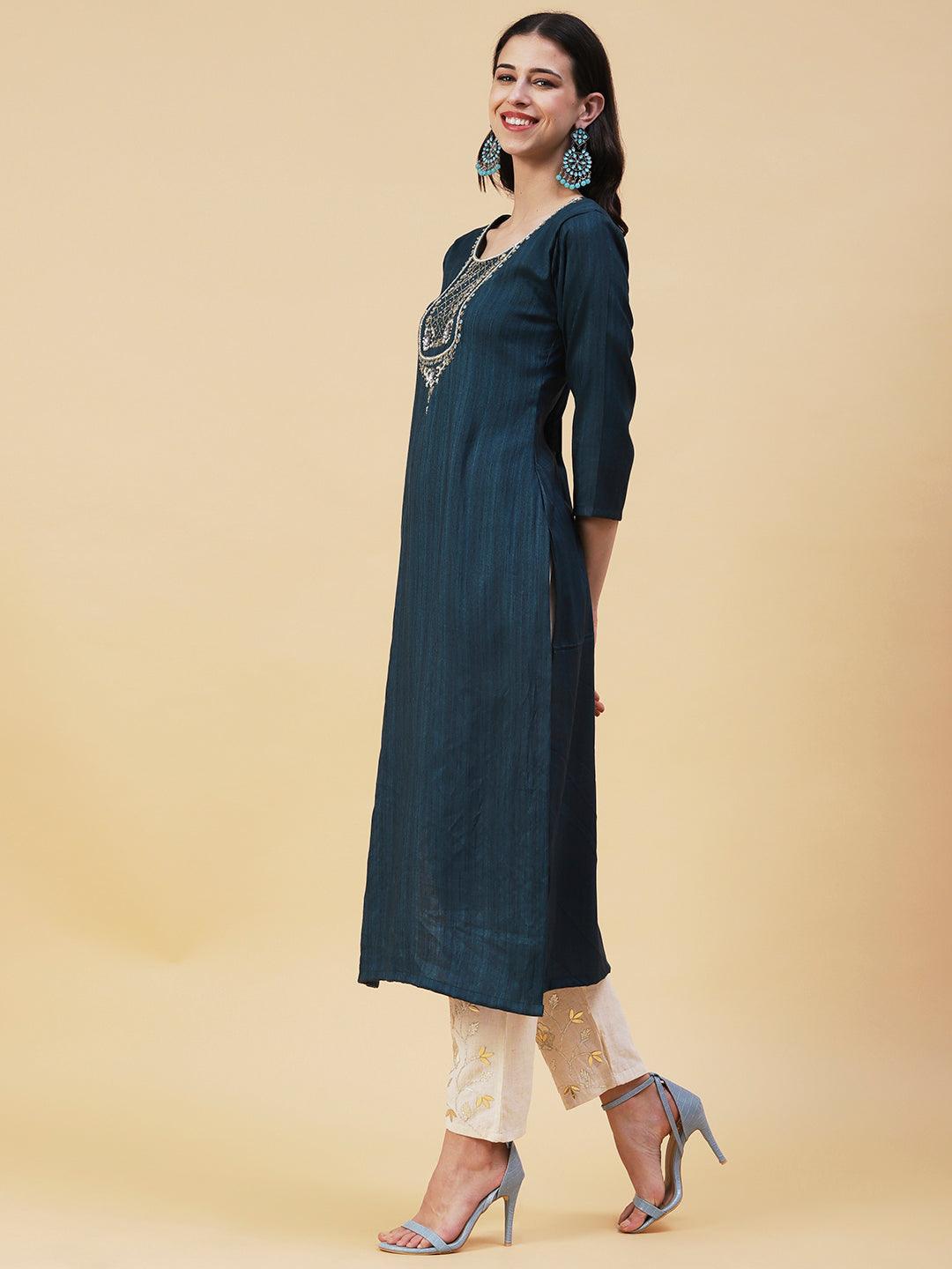 Solid Ethnic Hand Embroidered Straight Fit Kurta - Green - Indiakreations