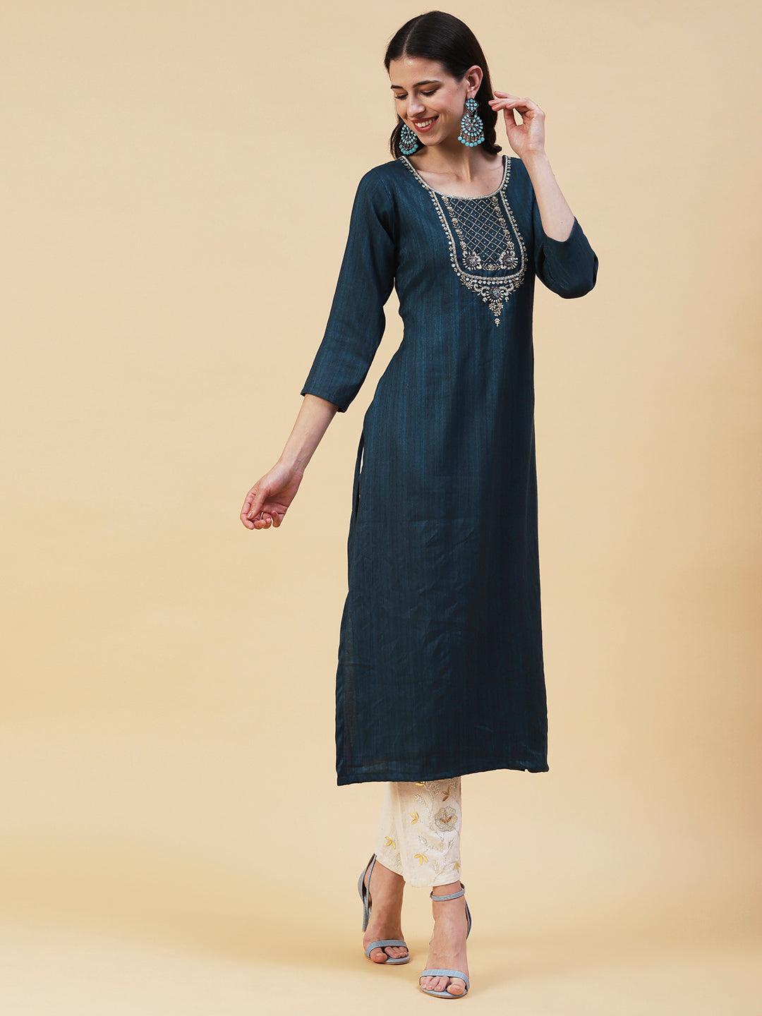 Solid Ethnic Hand Embroidered Straight Fit Kurta - Green - Indiakreations