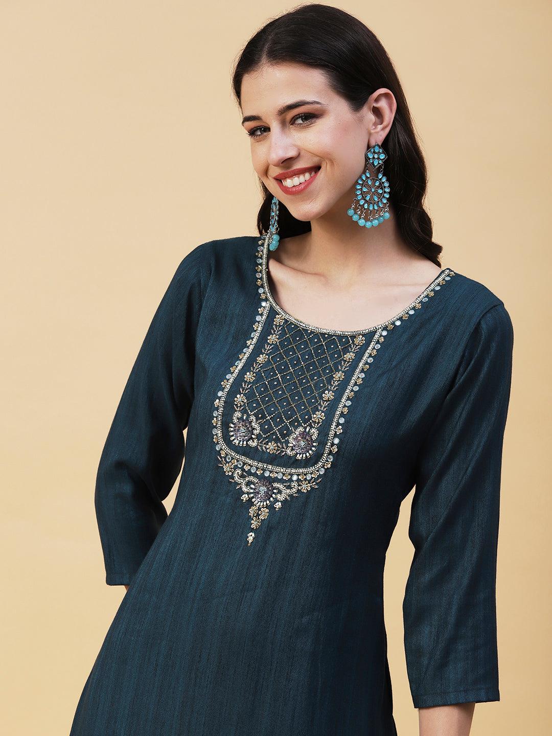 Solid Ethnic Hand Embroidered Straight Fit Kurta - Green - Indiakreations