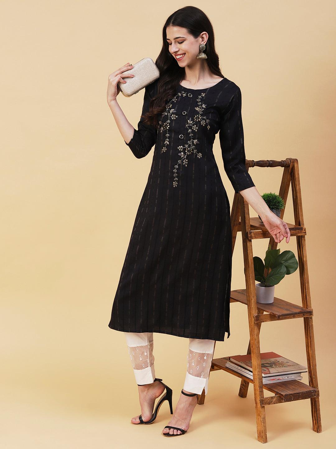 Ethnic Woven Stripes & Hand Embroidered Straight Fit Kurta - Black - Indiakreations