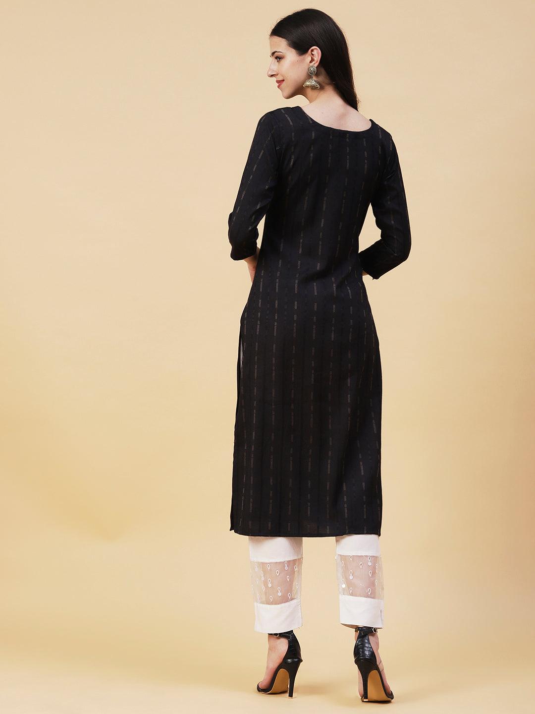 Ethnic Woven Stripes & Hand Embroidered Straight Fit Kurta - Black - Indiakreations