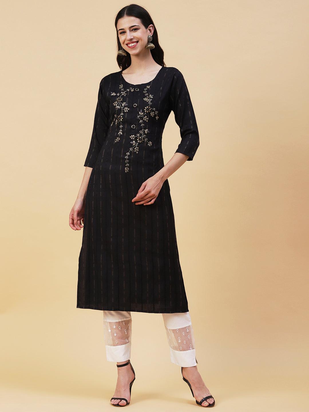 Ethnic Woven Stripes & Hand Embroidered Straight Fit Kurta - Black - Indiakreations