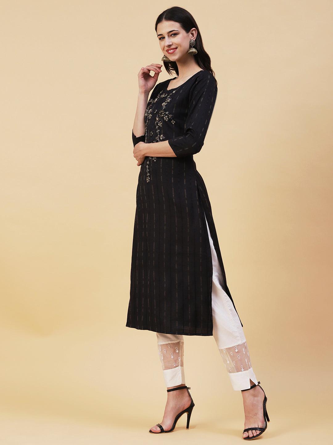 Ethnic Woven Stripes & Hand Embroidered Straight Fit Kurta - Black - Indiakreations