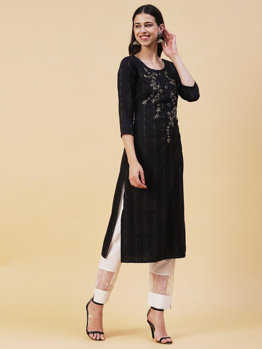 Ethnic Woven Stripes & Hand Embroidered Straight Fit Kurta - Black - Indiakreations