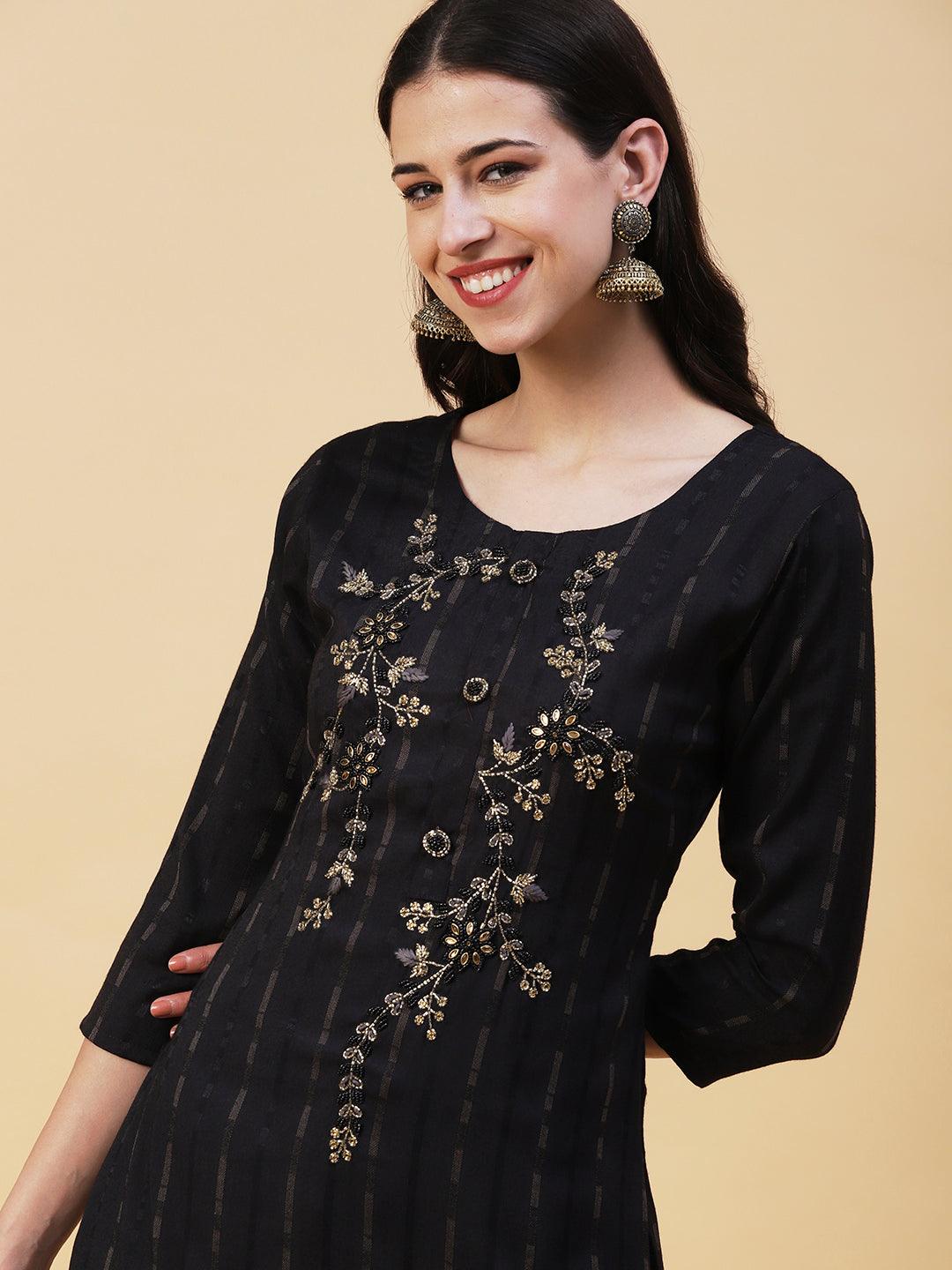 Ethnic Woven Stripes & Hand Embroidered Straight Fit Kurta - Black - Indiakreations