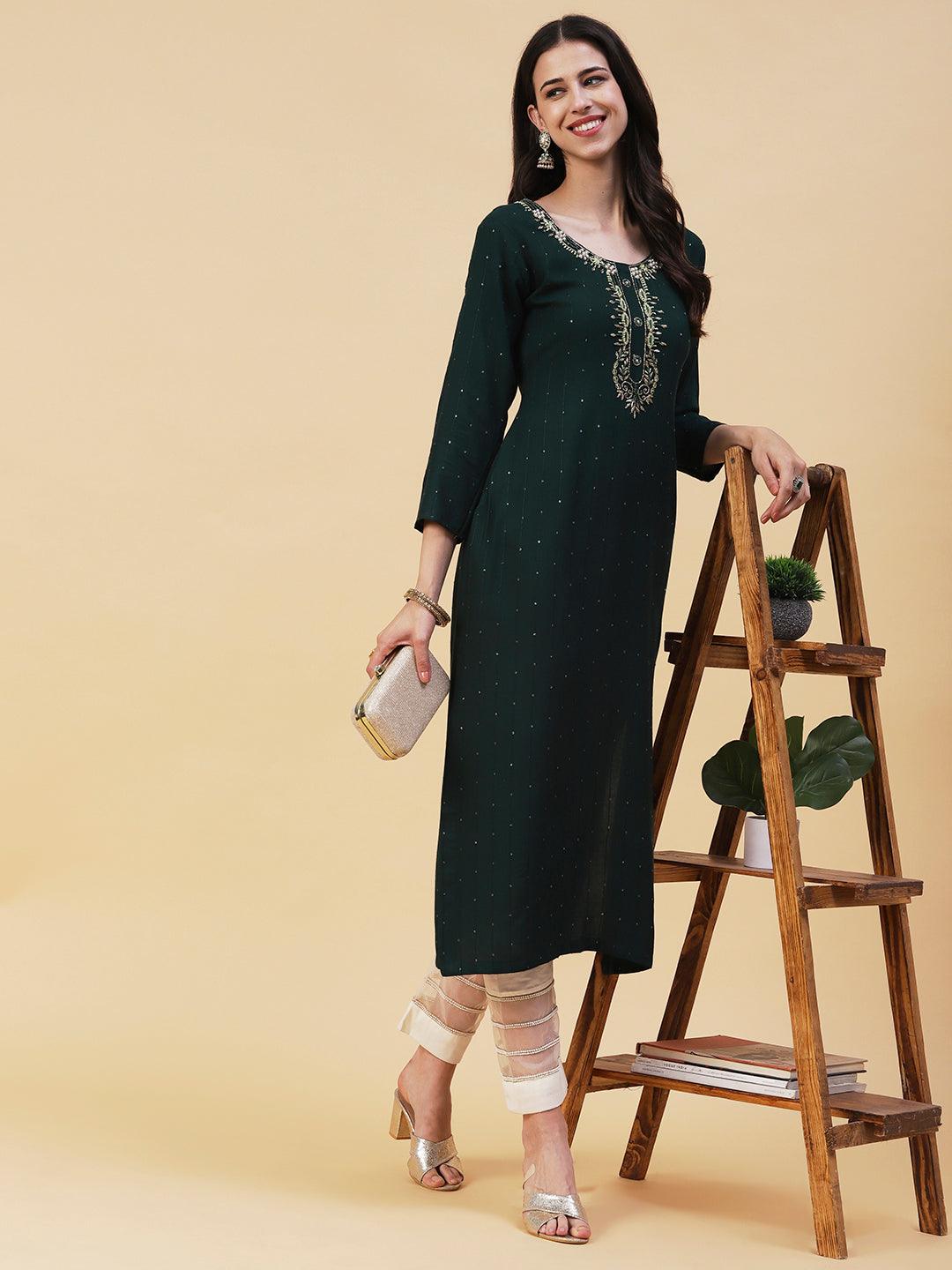 Solid Striped & Hand Embroidered Straight Fit Kurta - Dark Green - Indiakreations