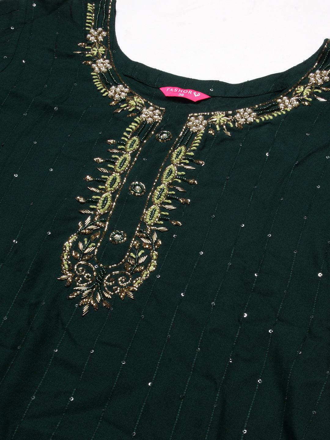 Solid Striped & Hand Embroidered Straight Fit Kurta - Dark Green - Indiakreations