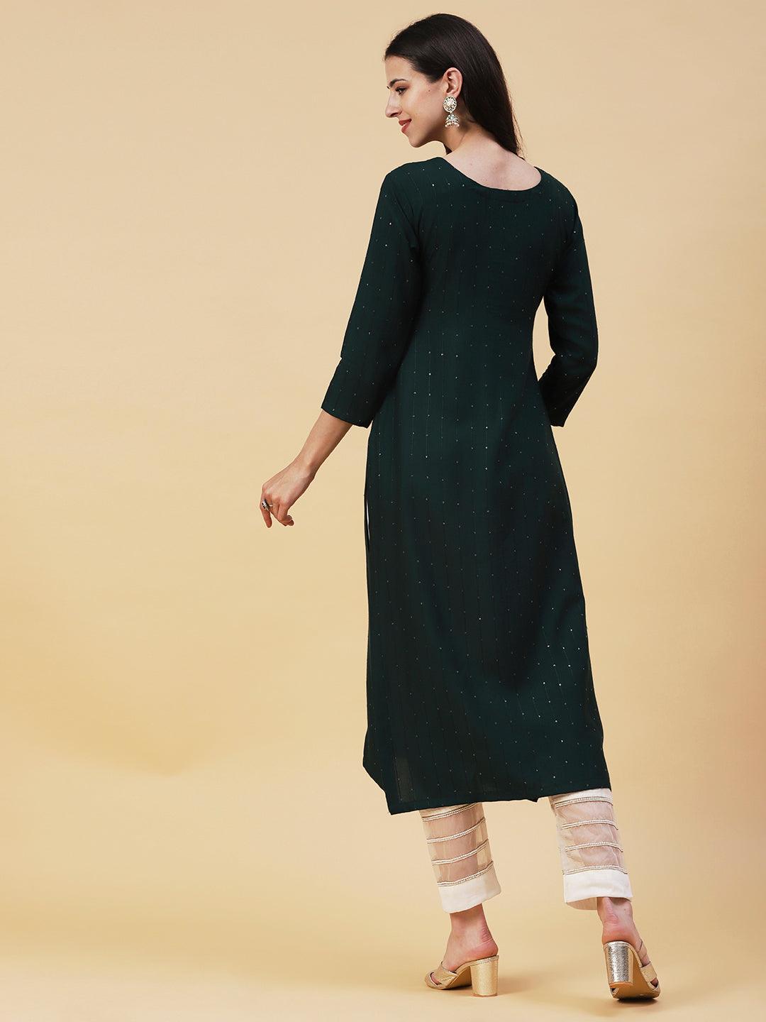 Solid Striped & Hand Embroidered Straight Fit Kurta - Dark Green - Indiakreations