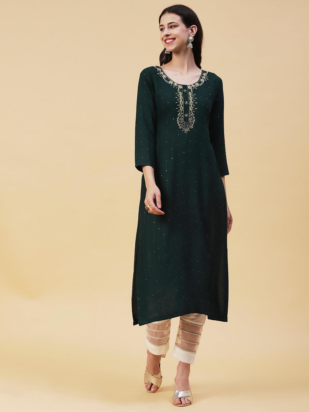 Solid Striped & Hand Embroidered Straight Fit Kurta - Dark Green - Indiakreations