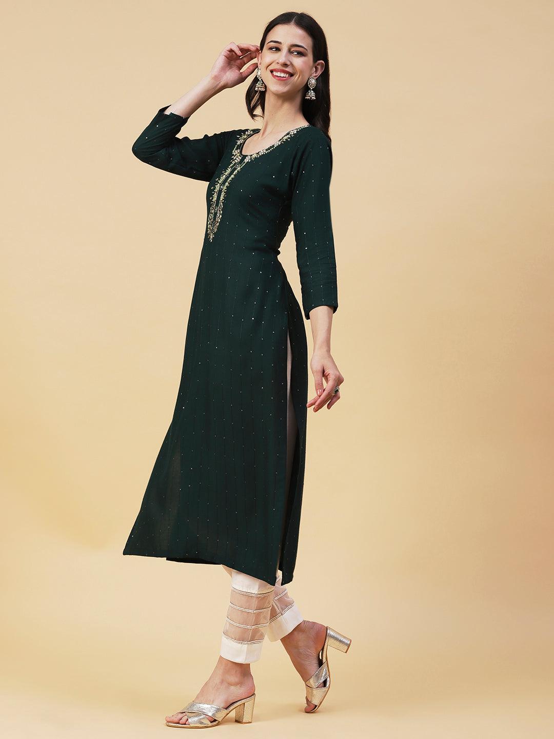 Solid Striped & Hand Embroidered Straight Fit Kurta - Dark Green - Indiakreations