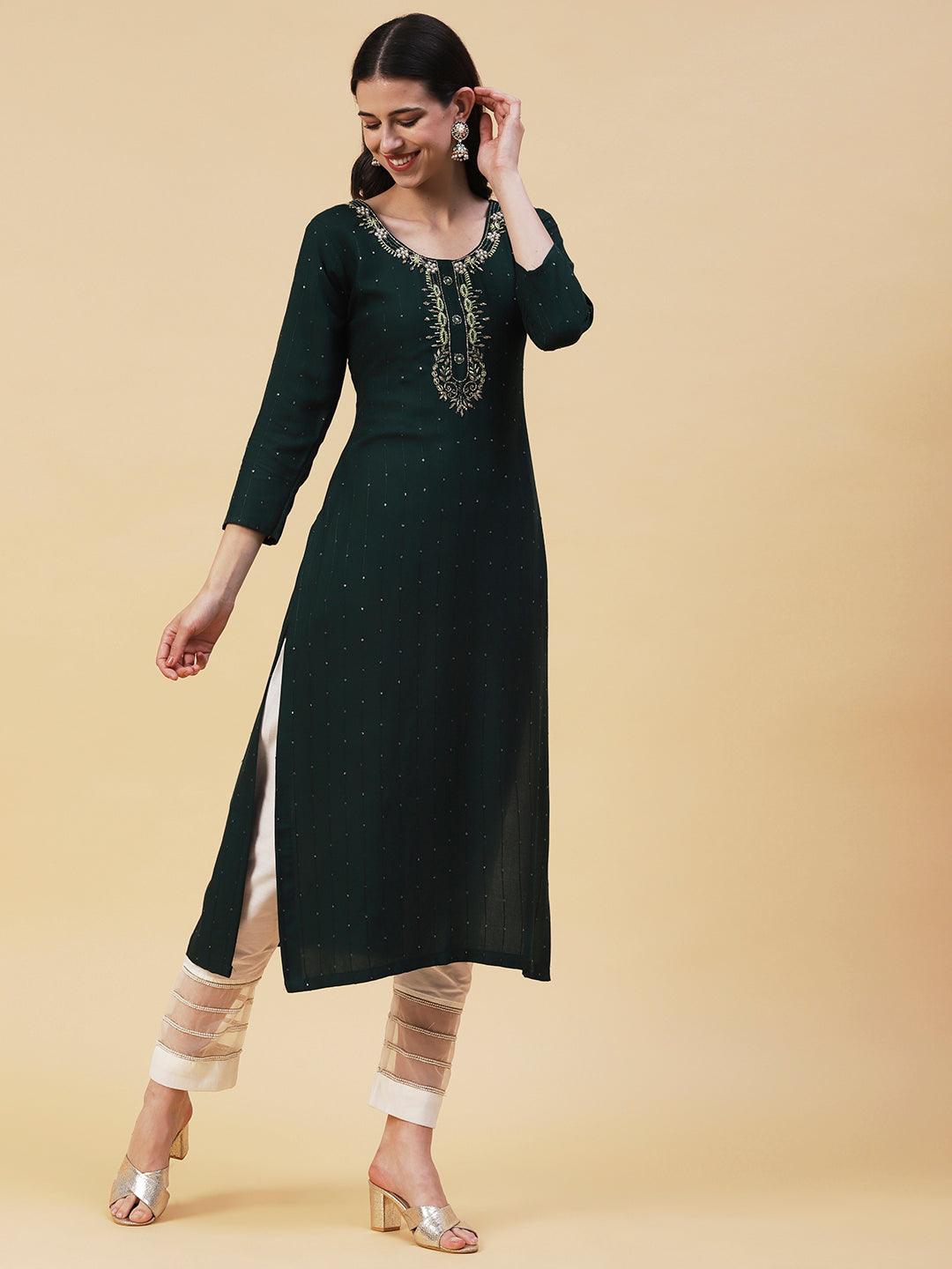 Solid Striped & Hand Embroidered Straight Fit Kurta - Dark Green - Indiakreations