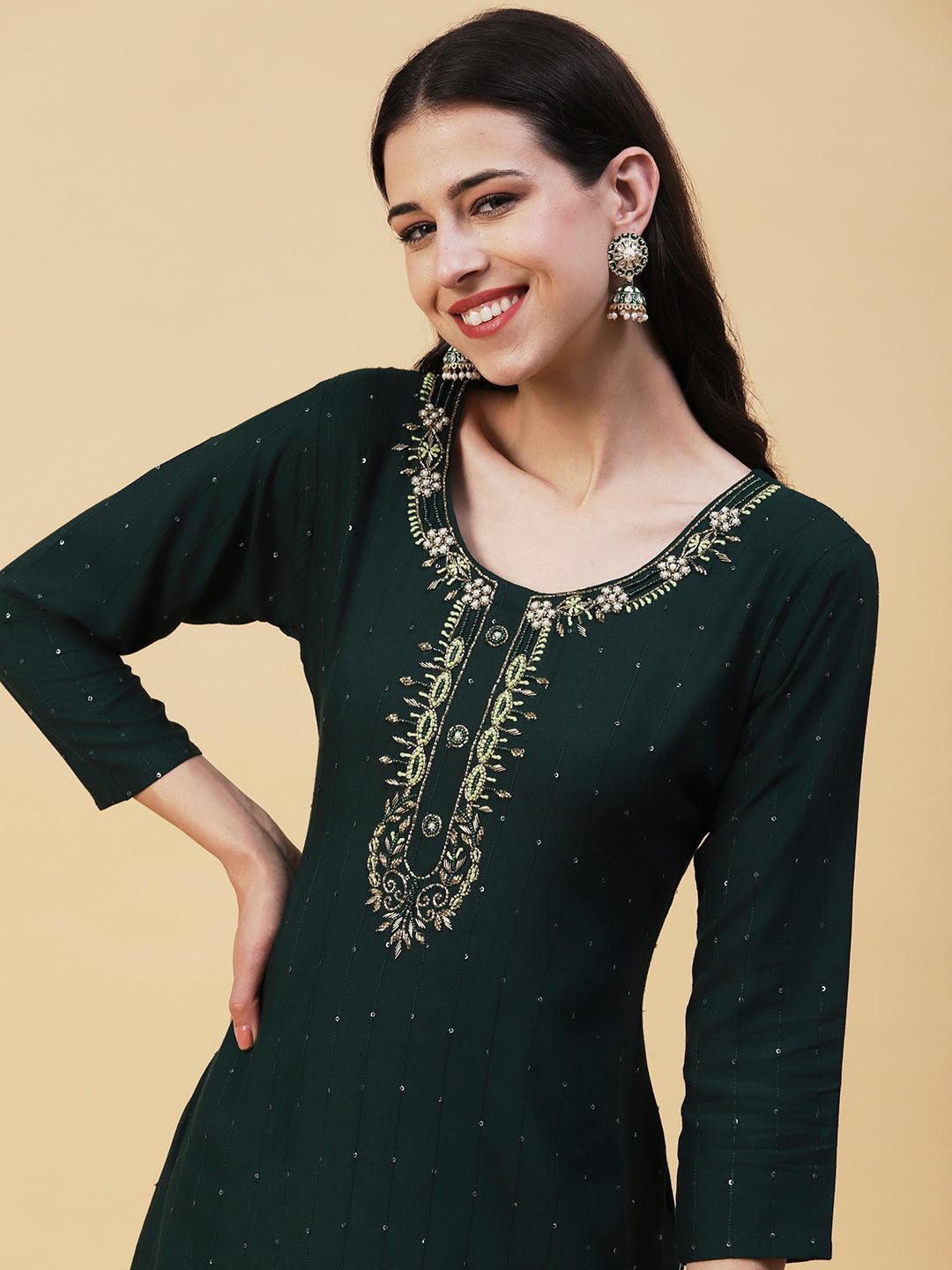 Solid Striped & Hand Embroidered Straight Fit Kurta - Dark Green - Indiakreations